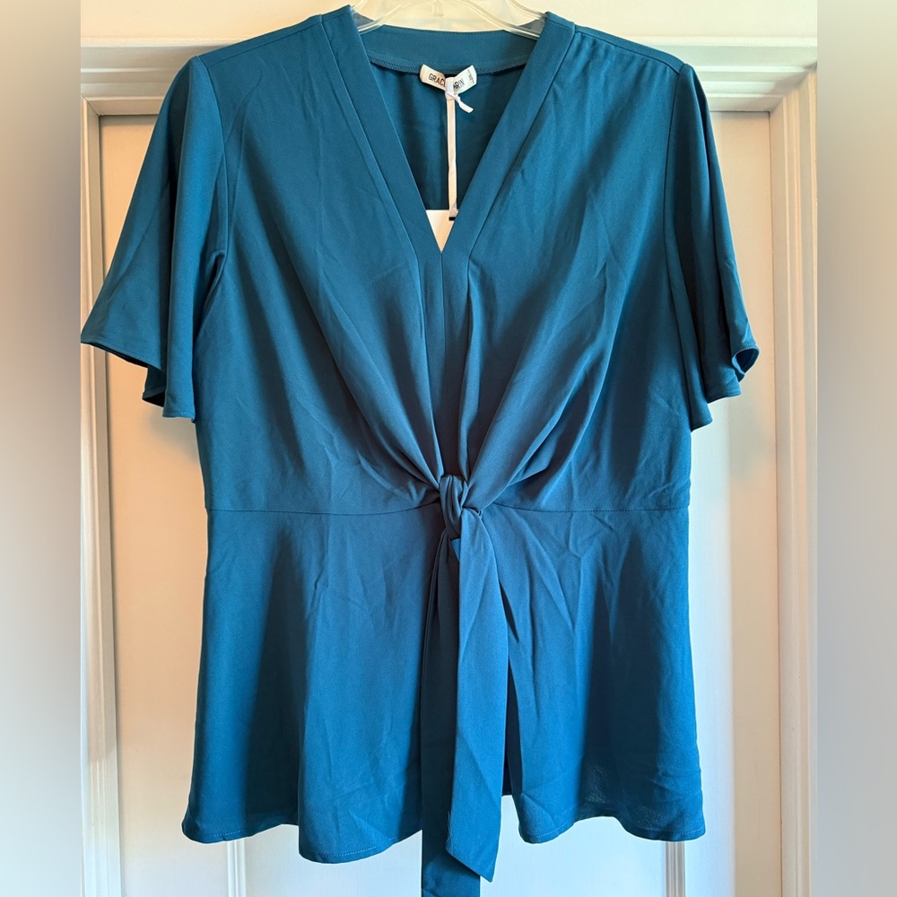 Grace Karin Teal V-Neck Tie-Front Blouse